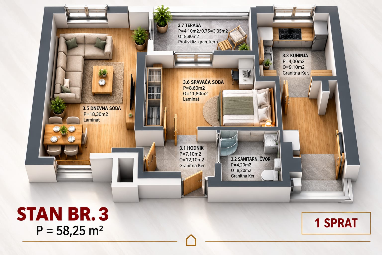 Stan 58,25m2 Centar, Prijedor